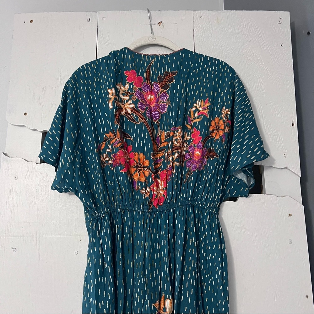 Anthropologie Blank London Teal Floral Print Tatiana Kaftan Dress One Size - Picture 6 of 14